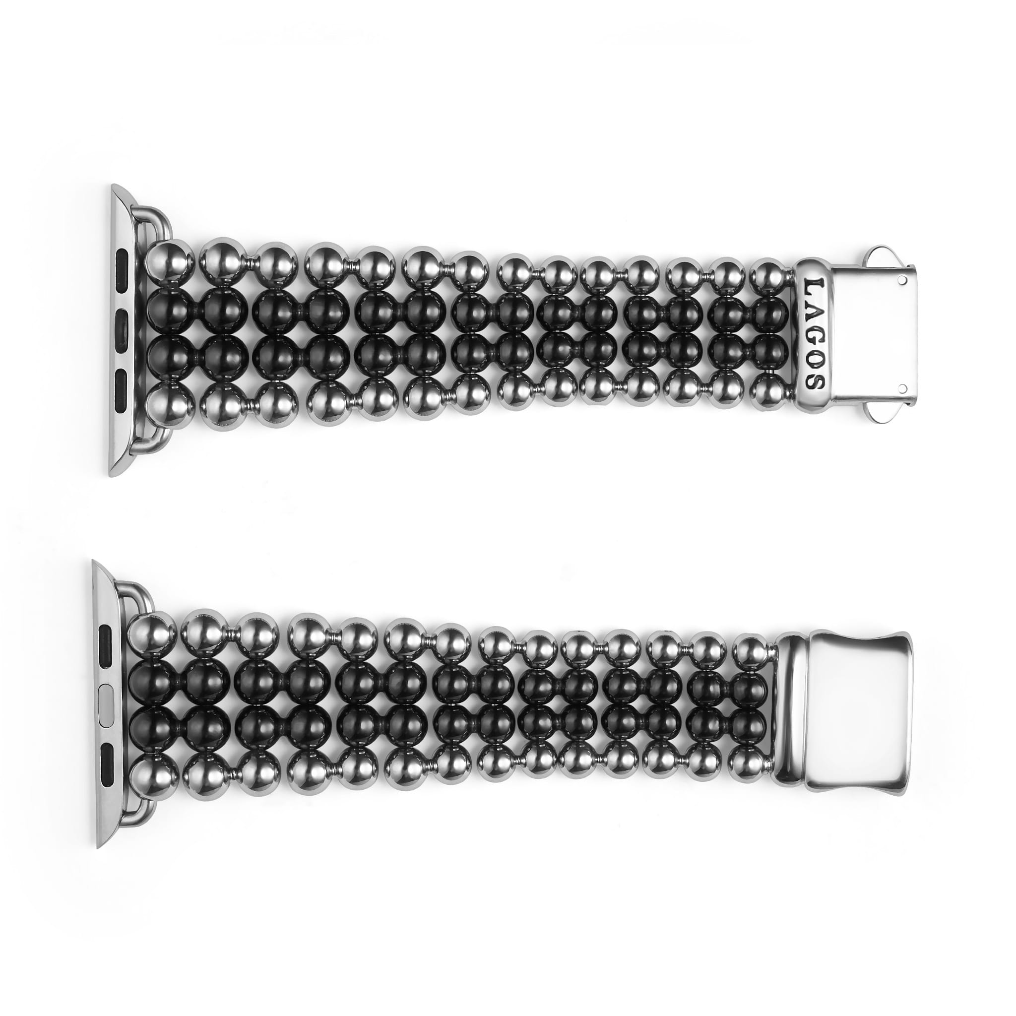 Smart Caviar Black Ceramic and Stainless Steel Infinite Watch Bracelet with polished beads and LAGOS clasp, designed for Apple Watch, showcasing luxury and modern elegance.