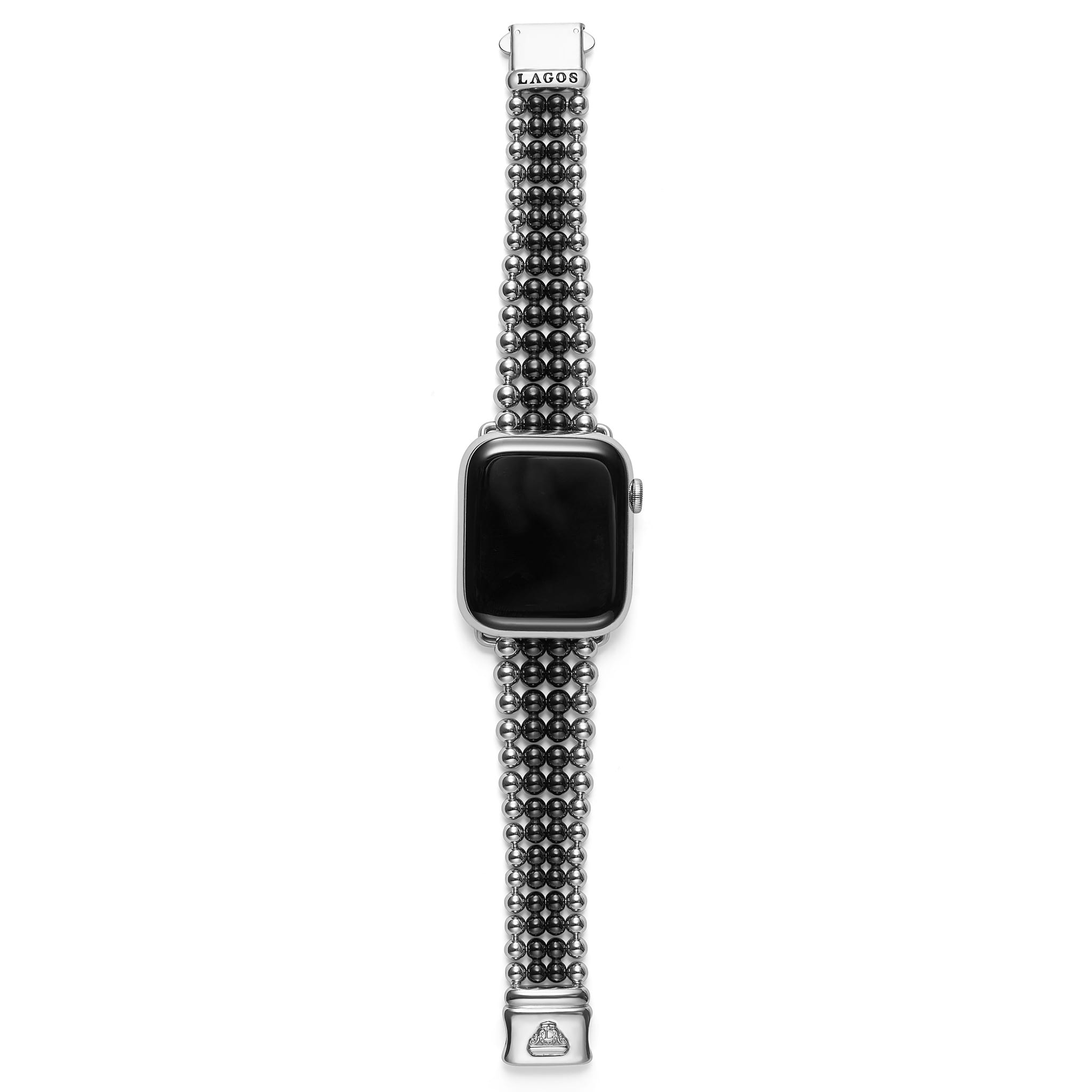 Smart Caviar Black Ceramic and Stainless Steel Infinite Watch Bracelet-42-49mm featuring alternating polished bead rows and LAGOS logo clasp, designed for Apple Watch.