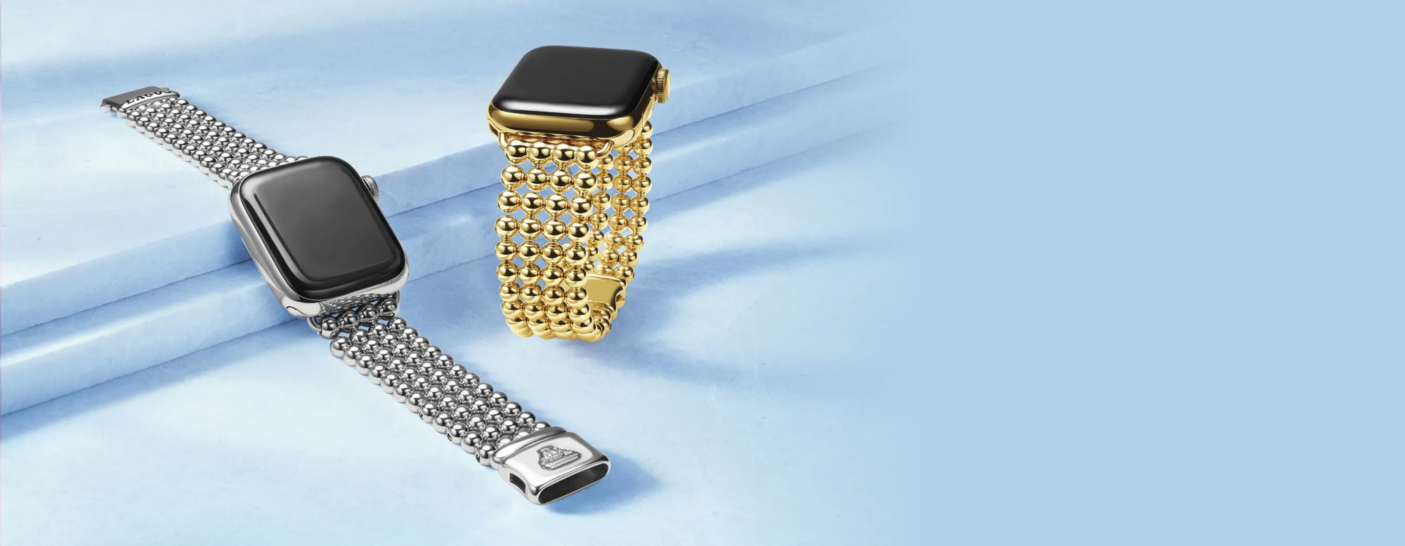 One sterling silver and one 18k gold caviar watch bands
