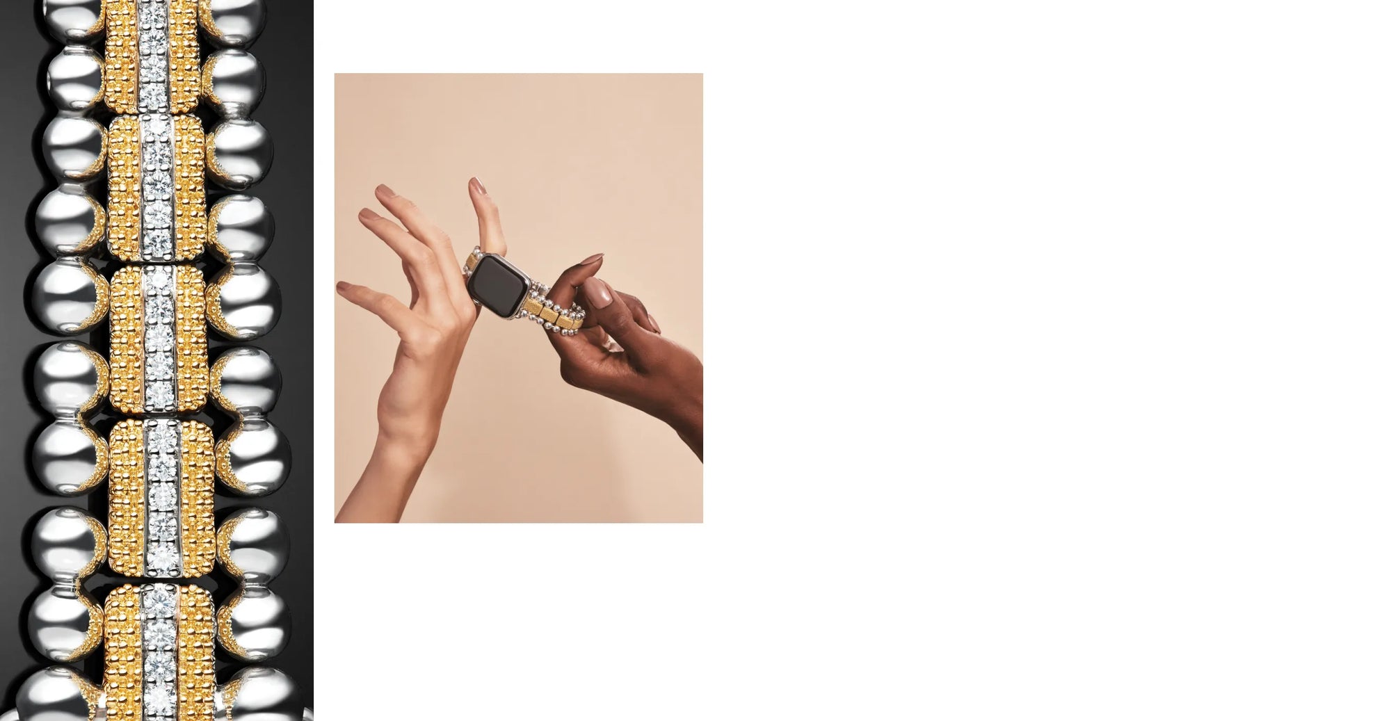 Close up of two-tone watch band, beside two model's hands holding apple watch band