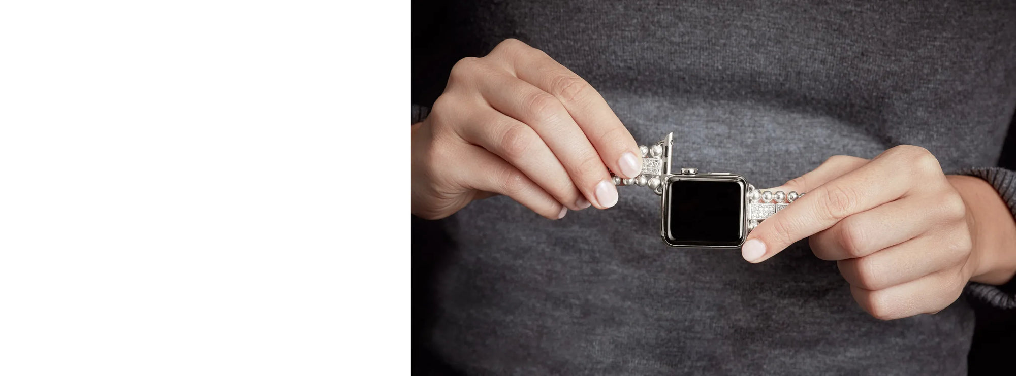Women attaching the smart caviar watch band to an Apple watch face