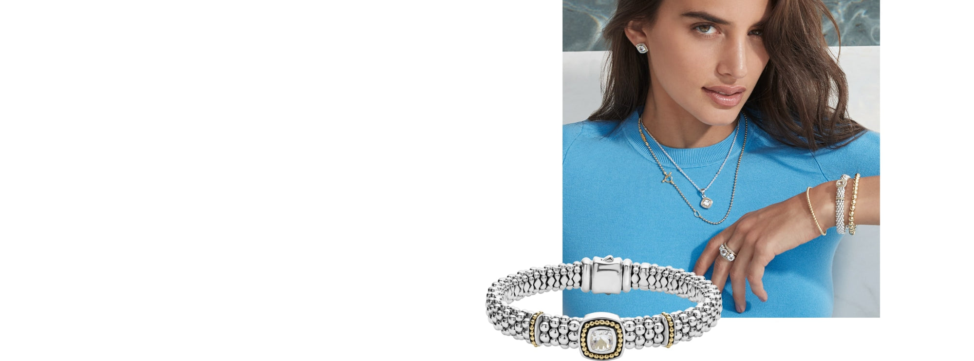 WOMAN WEARING WHITE TOPAZ JEWELRY