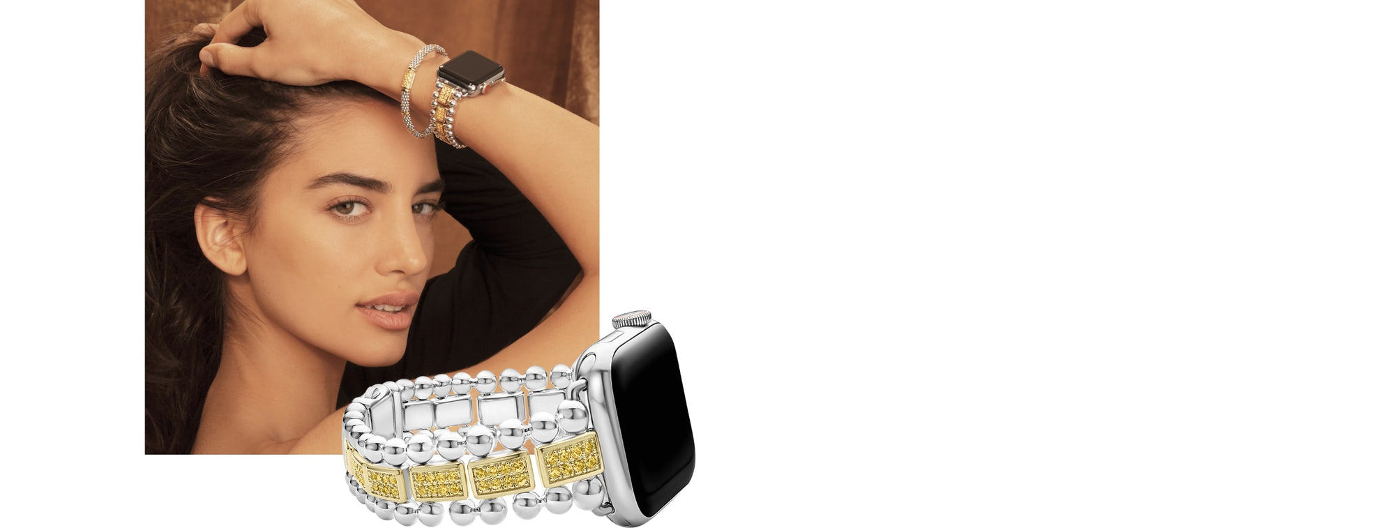 MODEL WEARING YELLOW SAPPHIRE SMART WATCH AND BRACELET