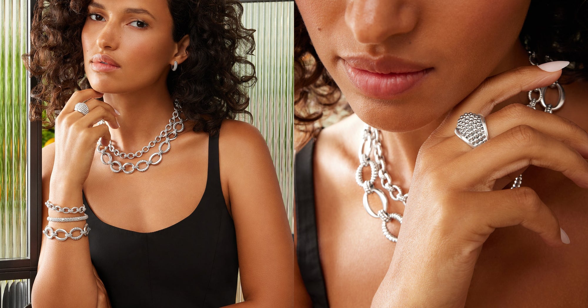 Woman wearing silver jewelry including a necklace, bracelet, and ring.