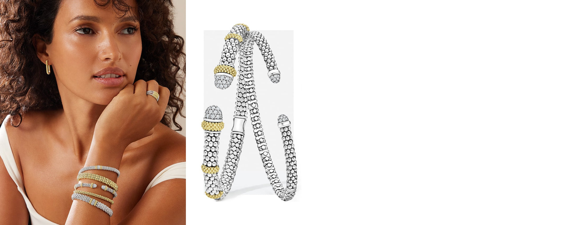 Silver and gold bracelet with a woman wearing multiple bracelets and rings.