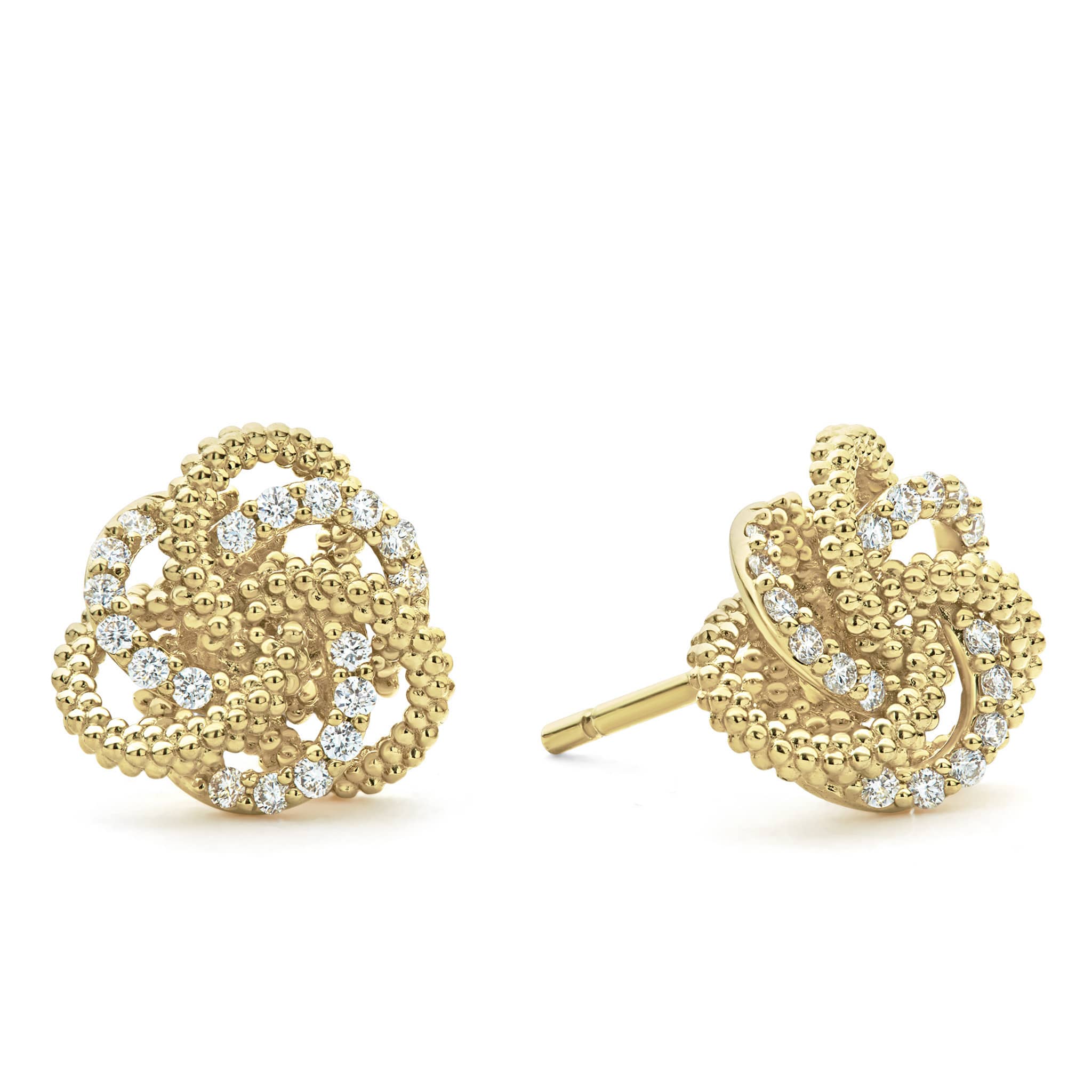 Love knot stud earrings formed of diamonds and 18k gold Caviar beaded bands. LAGOS diamonds are the highest quality natural stones.