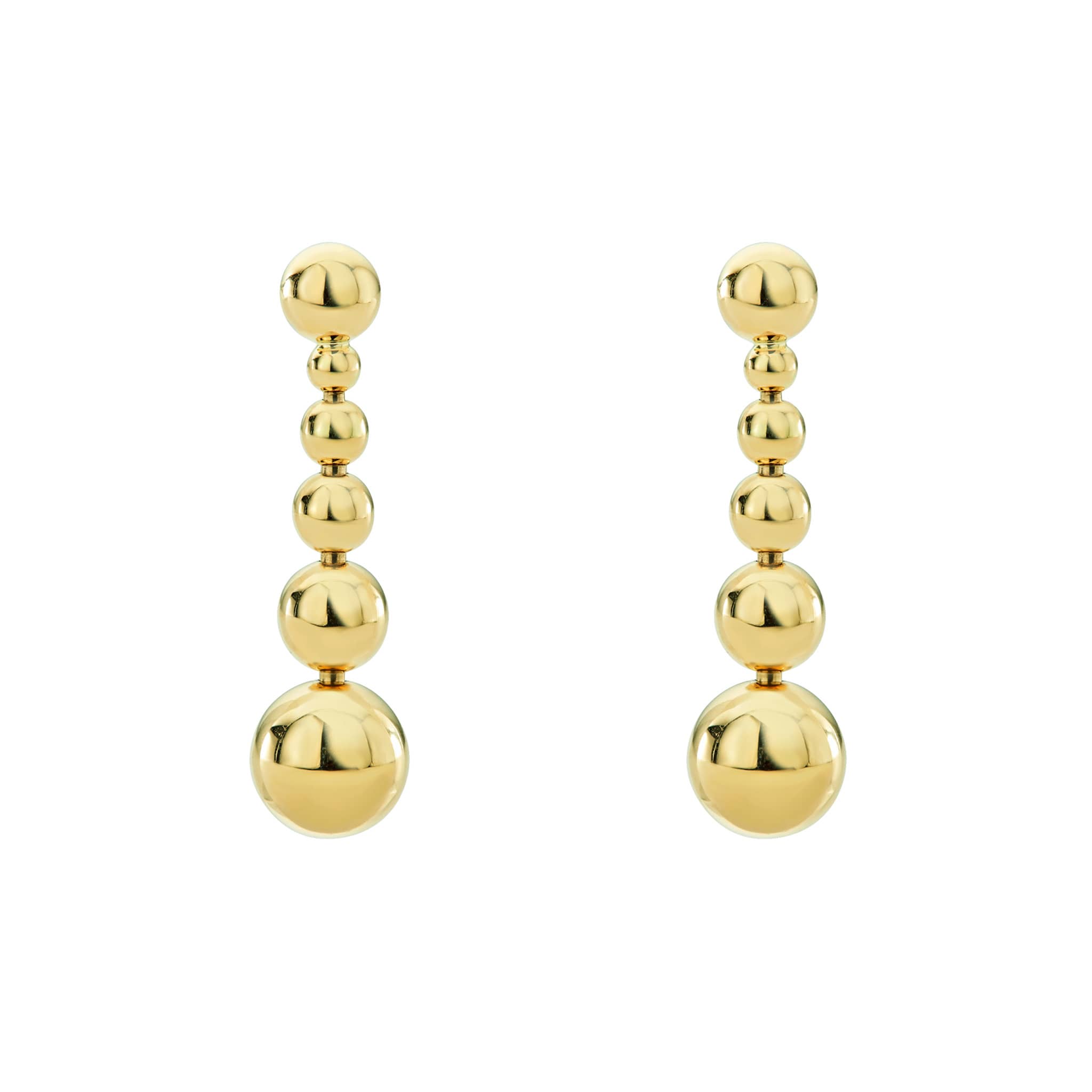 Caviar Gold Six Graduated Bead Drop Earrings in 18K gold featuring six polished, vertically stacked spheres, showcasing elegant craftsmanship.