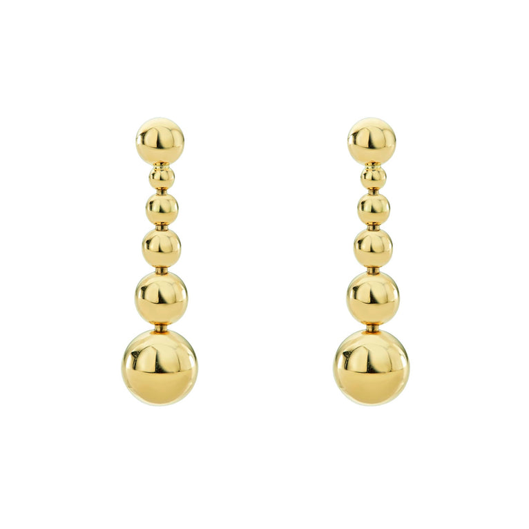 Caviar Gold Six Graduated Bead Drop Earrings in 18K gold featuring six polished, vertically stacked spheres, showcasing elegant craftsmanship.