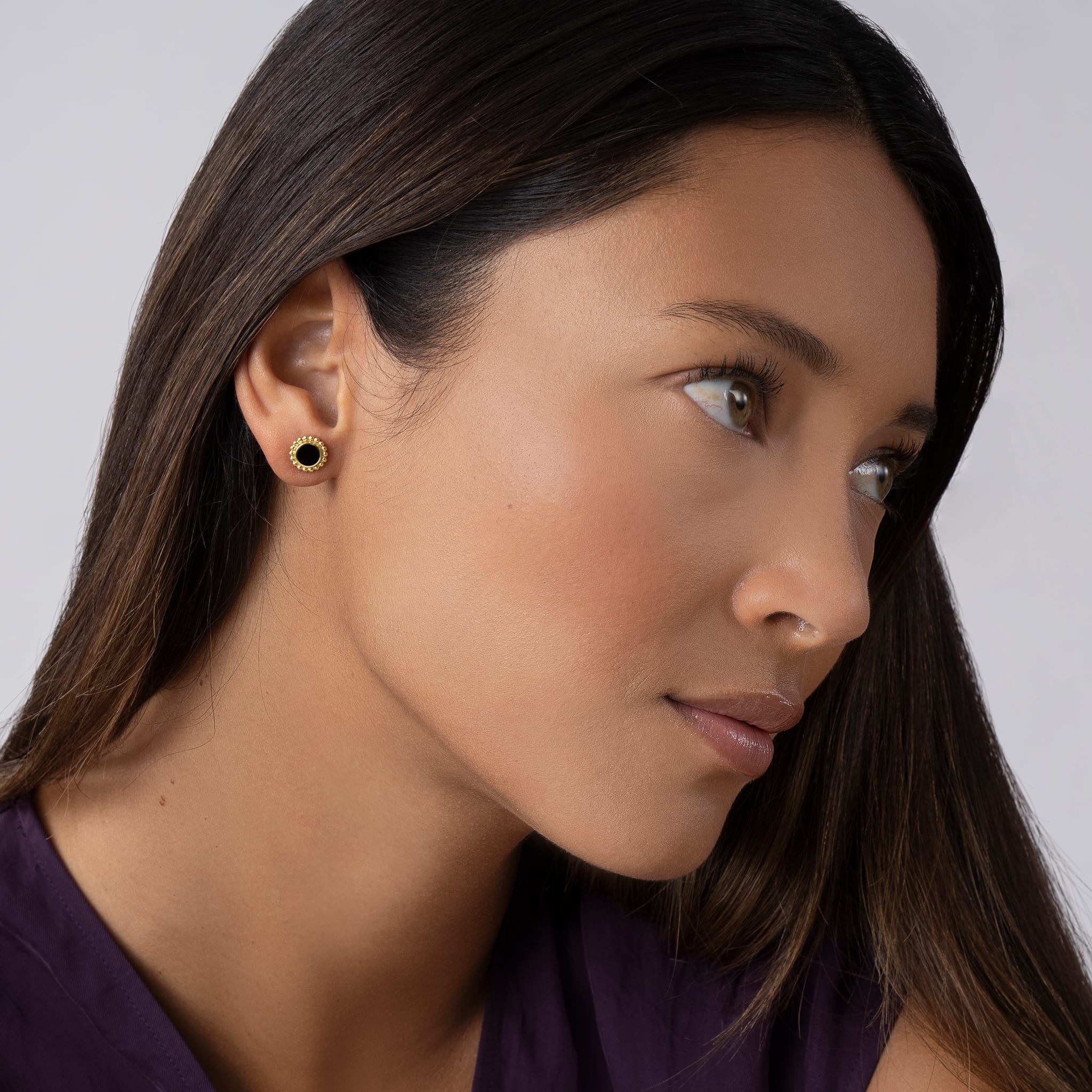 Model wearing Round Onyx Stud Earrings