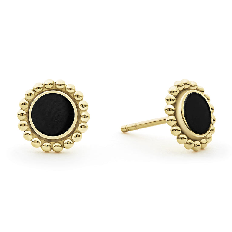 Onyx stud earrings set and surrounded by 18K gold Caviar beading.