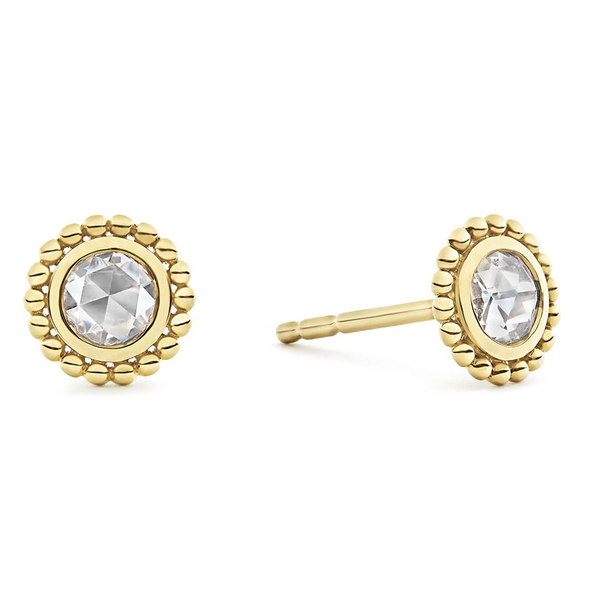 Rose cut diamond stud earrings set and surrounded by 18K gold Caviar beading. LAGOS diamonds are the highest quality natural stones.