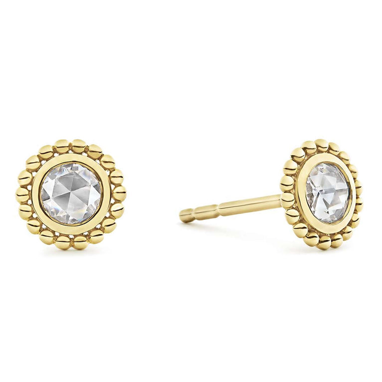 Rose cut diamond stud earrings set and surrounded by 18K gold Caviar beading. LAGOS diamonds are the highest quality natural stones.
