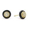 Black ceramic surrounding diamonds and 18k gold Caviar beading stud earrings. LAGOS diamonds are the highest quality natural stones.