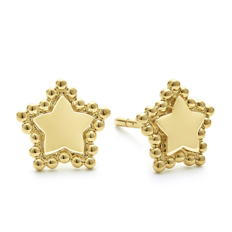 A LAGOS exclusive. 18k gold star stud earrings with Caviar beaded details.