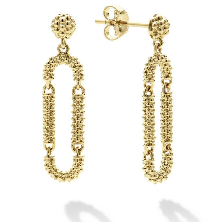 18K gold superfine Caviar beaded oval drop earrings.