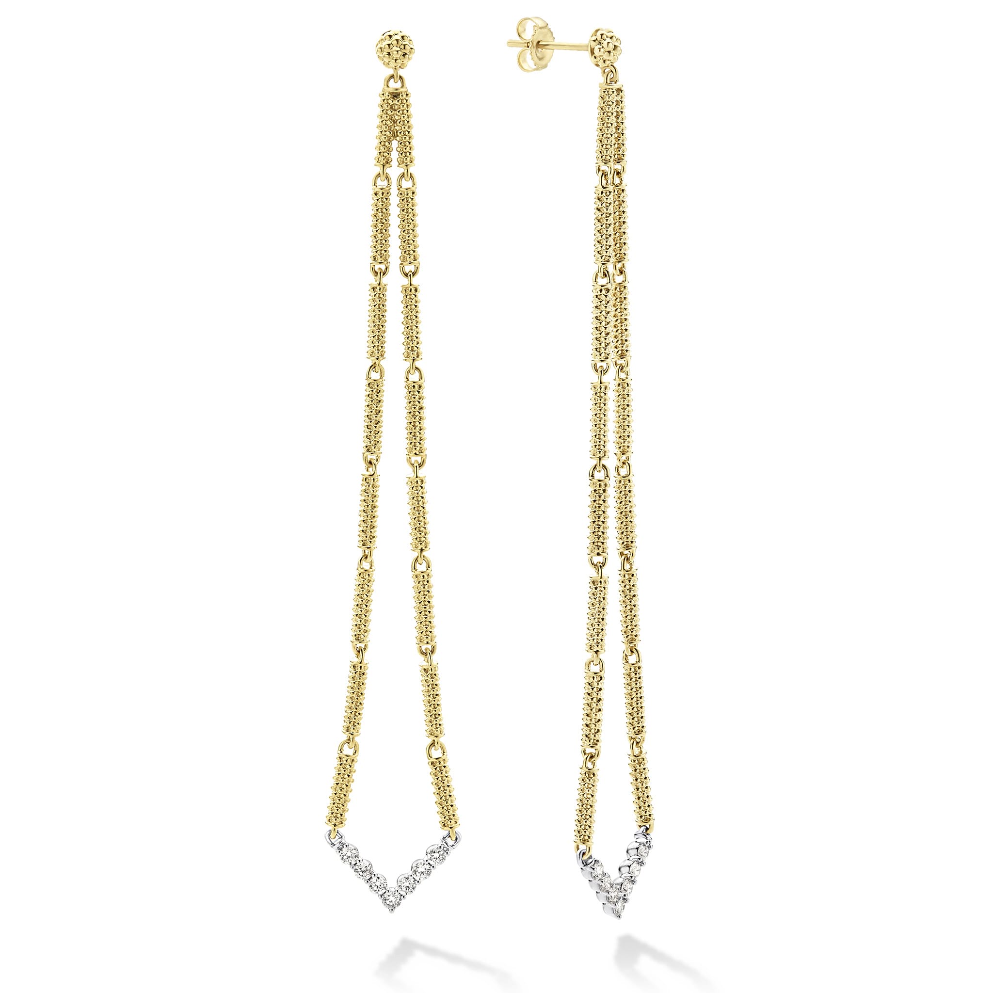 A LAGOS exclusive. 18K gold superfine Caviar beading and diamonds set in chevron shaped 18K White Gold form these dramatic drop earrings. LAGOS diamonds are the highest quality natural stones.