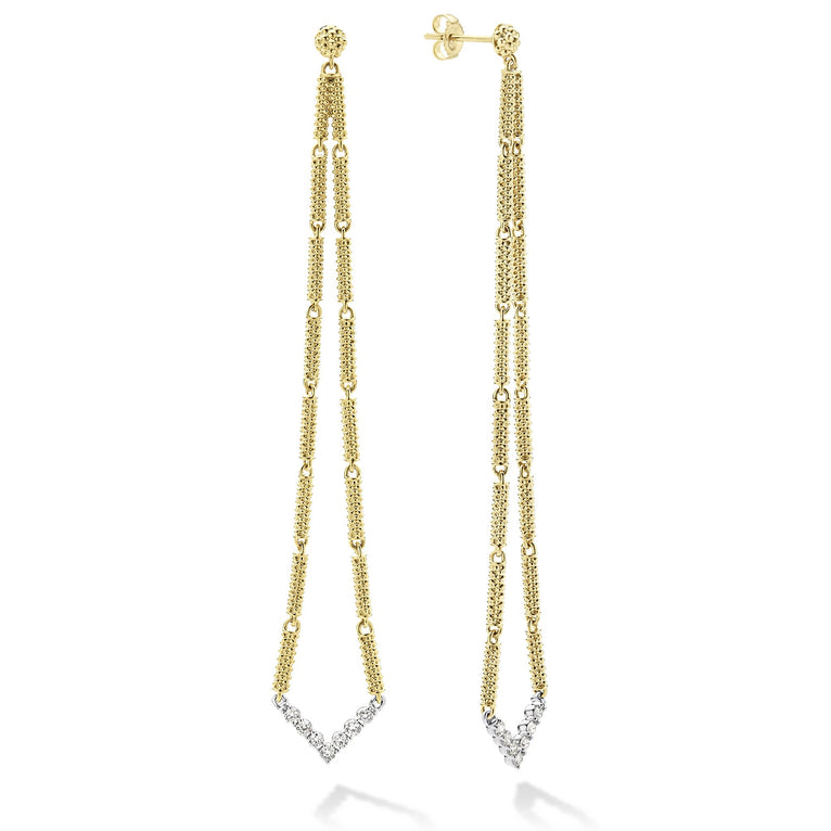 A LAGOS exclusive. 18K gold superfine Caviar beading and diamonds set in chevron shaped 18K White Gold form these dramatic drop earrings. LAGOS diamonds are the highest quality natural stones.