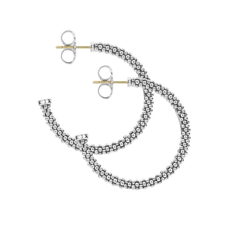 Signature Caviar Small Caviar Hoop Earrings featuring sterling silver caviar beading, with 14K gold posts and butterfly backs, showcasing timeless elegance for daily wear.