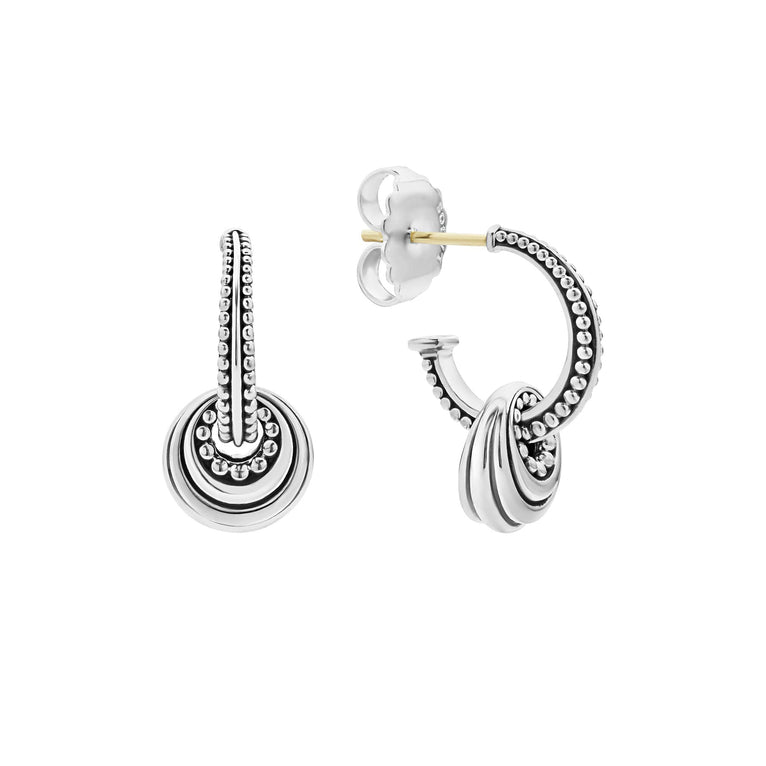 Caviar beaded hoop earrings with a sterling silver fluted hanging charm.