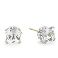 White topaz gemstones form these prong-set, cushion-shape stud earrings with harlequin facets.