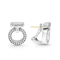 Sterling silver Caviar beaded circle earrings with a bar that details the LAGOS logo.
