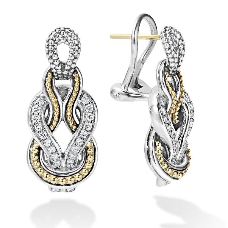 Diamonds and 18K gold woven in a knot motif form these unique Newport drop earrings. LAGOS diamonds are the highest quality natural stones.