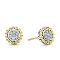 Pavé diamond circle stud earrings framed by 18K gold Caviar beading. LAGOS diamonds are the highest quality natural stones.