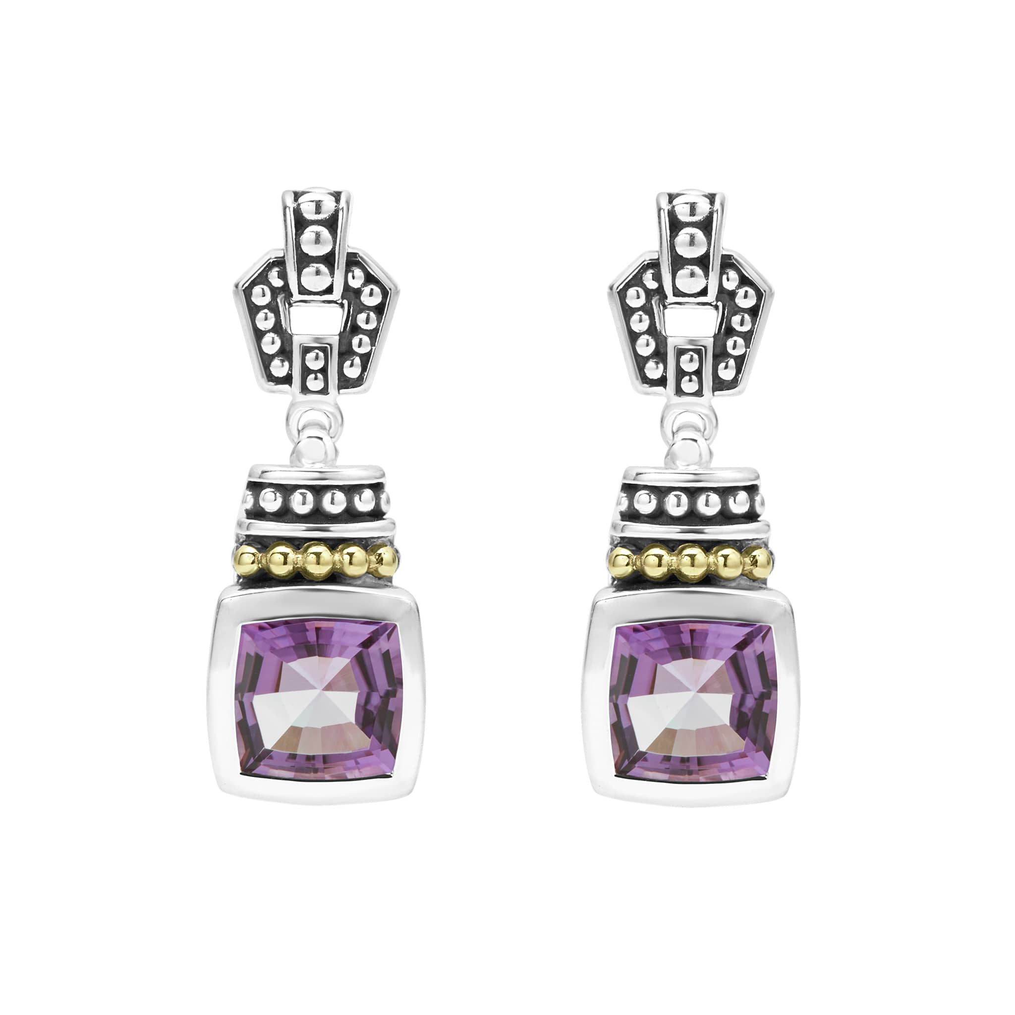 Rittenhouse Amethyst Drop Earrings featuring bezel-set purple gemstones, sterling silver with dot detailing, and 18K gold Caviar accents, reflecting LAGOS's dedication to elegance and quality.