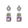 Rittenhouse Amethyst Drop Earrings featuring bezel-set purple gemstones, sterling silver with dot detailing, and 18K gold Caviar accents, reflecting LAGOS's dedication to elegance and quality.