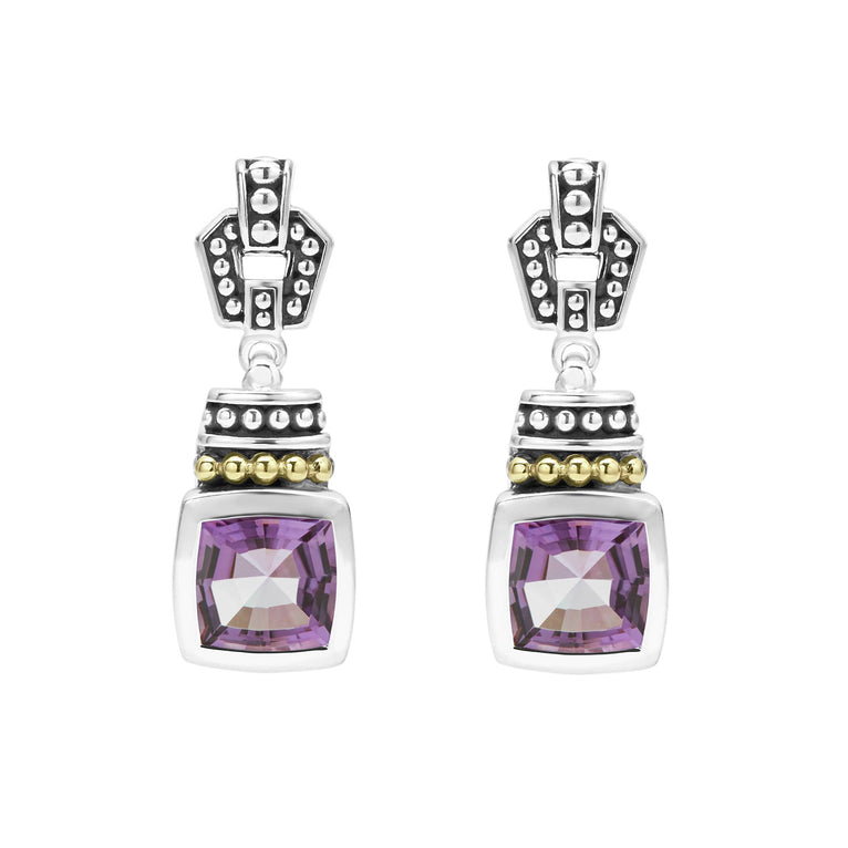 Rittenhouse Amethyst Drop Earrings featuring bezel-set purple gemstones, sterling silver with dot detailing, and 18K gold Caviar accents, reflecting LAGOS's dedication to elegance and quality.