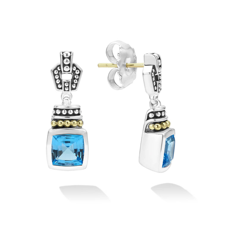 Swiss blue topaz bezel-set gemstone drop earrings with 18K gold and sterling silver Caviar accents.