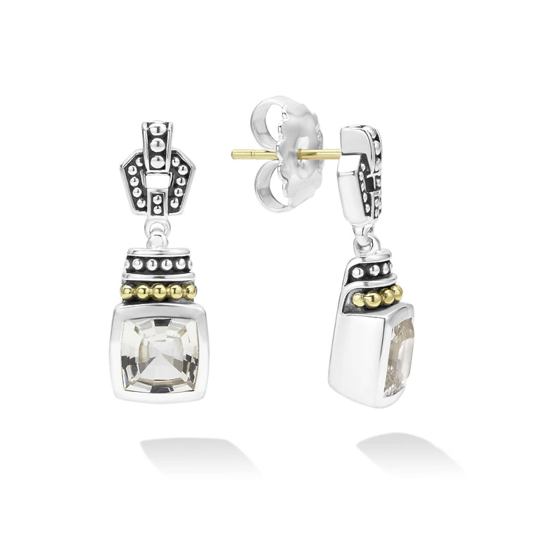 White topaz bezel-set gemstone drop earrings with 18K gold and sterling silver Caviar accents.