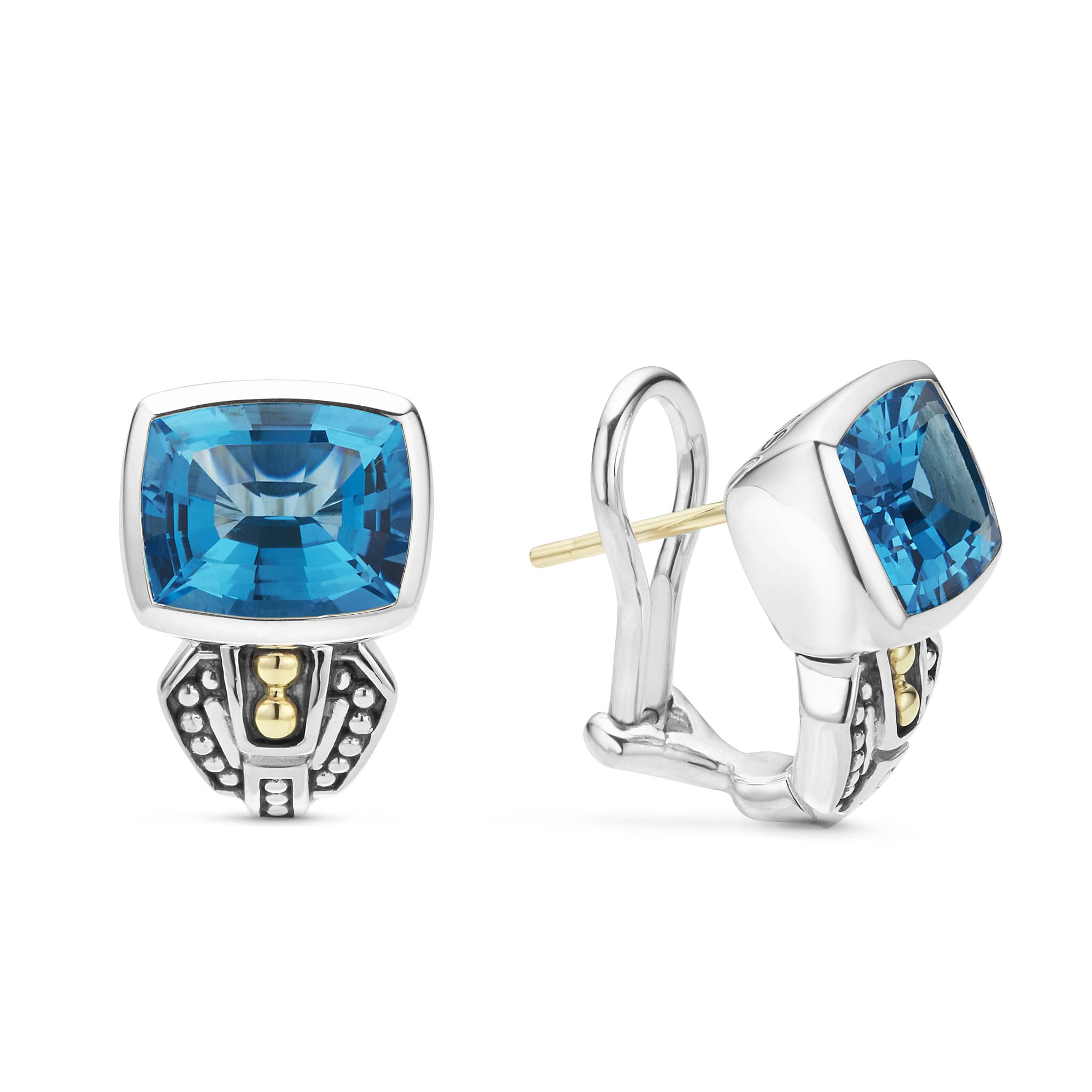 Swiss blue topaz bezel-set gemstone earrings with 18K gold and sterling silver Caviar beaded accents.