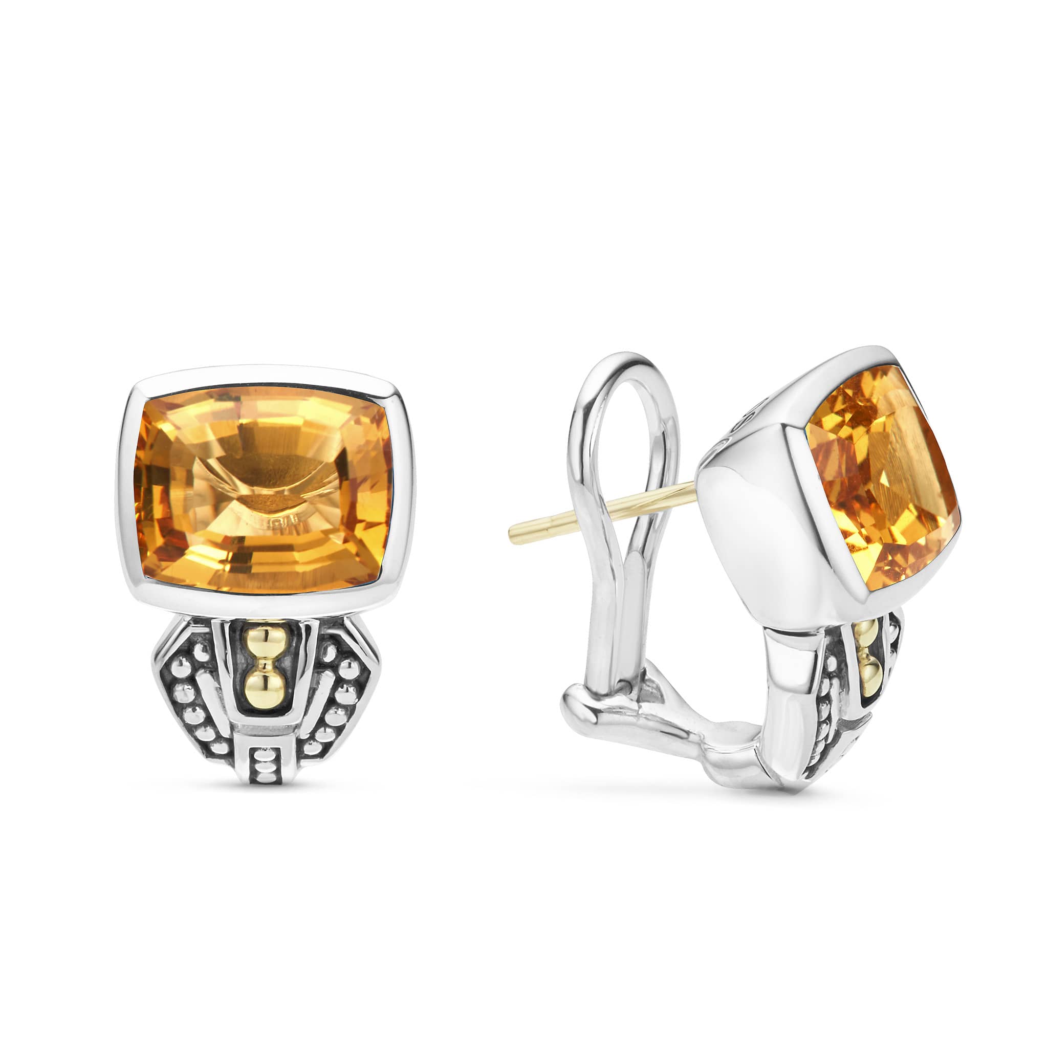 Citrine bezel-set gemstone earrings with 18K gold and sterling silver Caviar beaded accents.