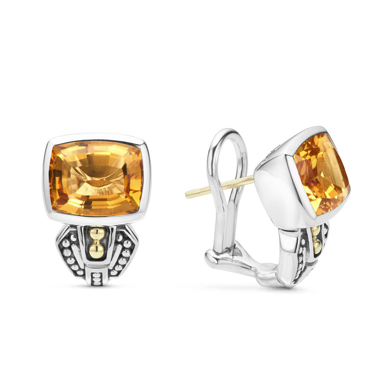 Citrine bezel-set gemstone earrings with 18K gold and sterling silver Caviar beaded accents.