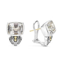White topaz bezel-set gemstone earrings with 18K gold and sterling silver Caviar beaded accents.