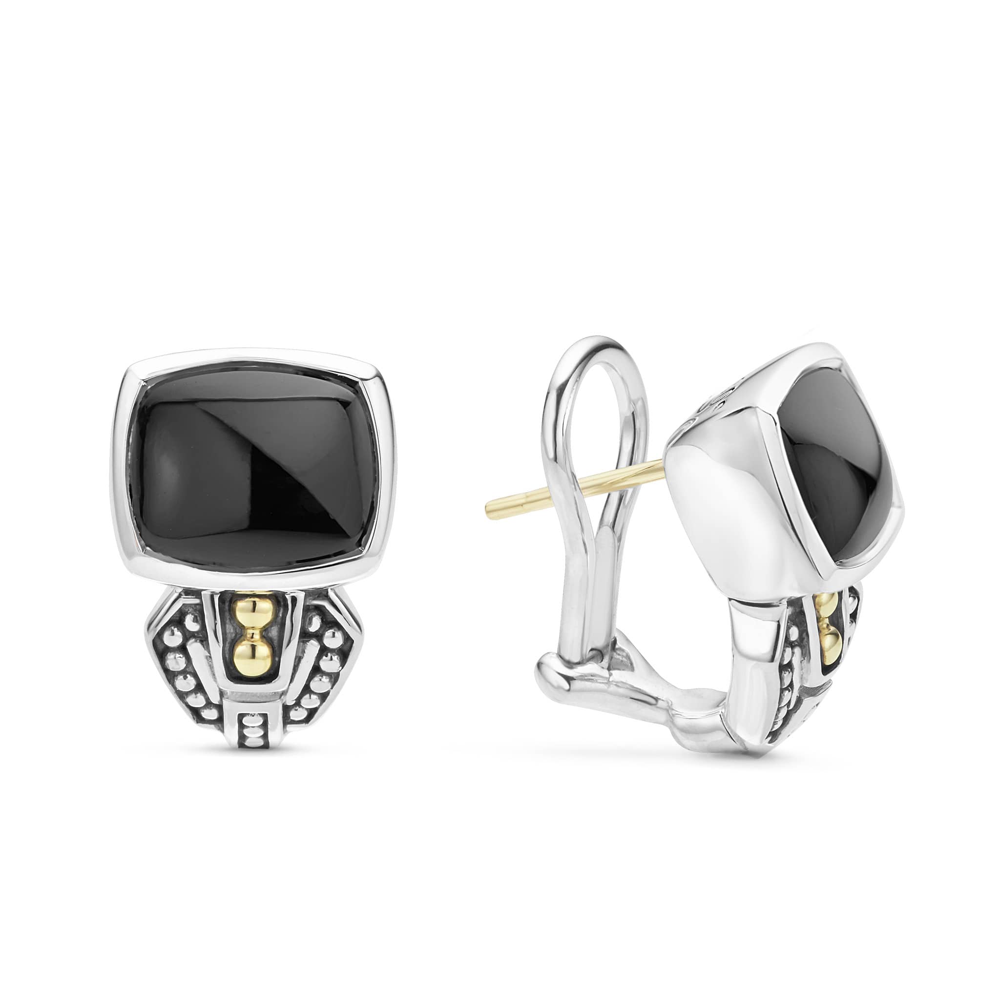 Onyx bezel-set gemstone earrings with 18K gold and sterling silver Caviar beaded accents.