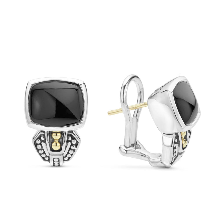 Onyx bezel-set gemstone earrings with 18K gold and sterling silver Caviar beaded accents.