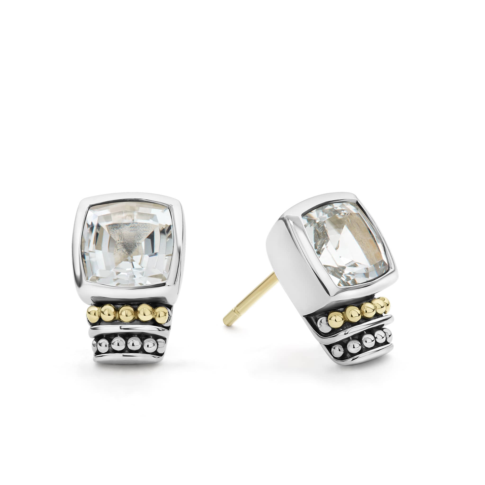 White topaz bezel-set gemstone stud earrings with 18K gold and sterling silver Caviar beaded accents.