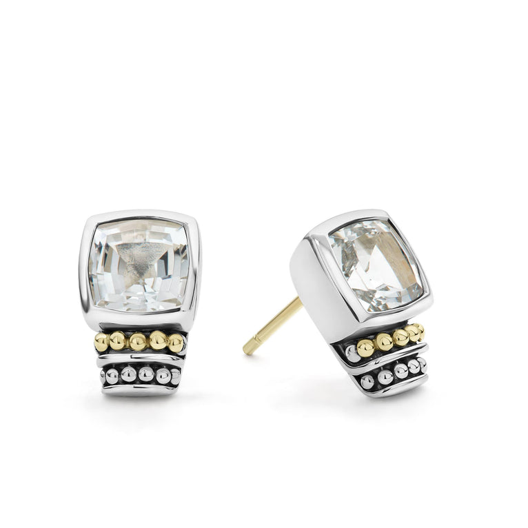 White topaz bezel-set gemstone stud earrings with 18K gold and sterling silver Caviar beaded accents.