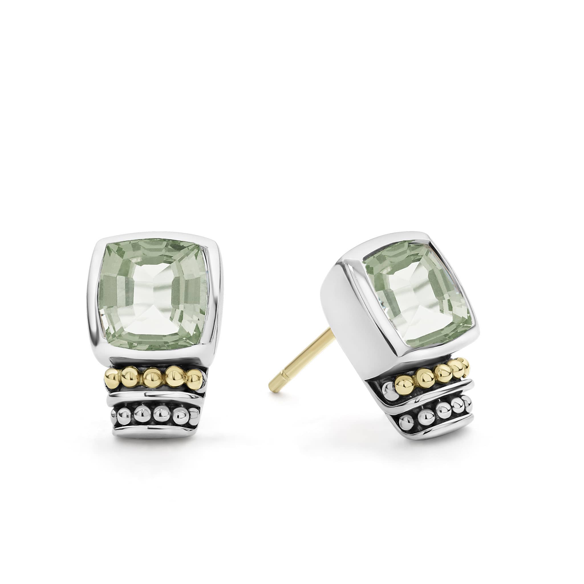 Prasiolite bezel-set gemstone stud earrings with 18K gold and sterling silver Caviar beaded accents.