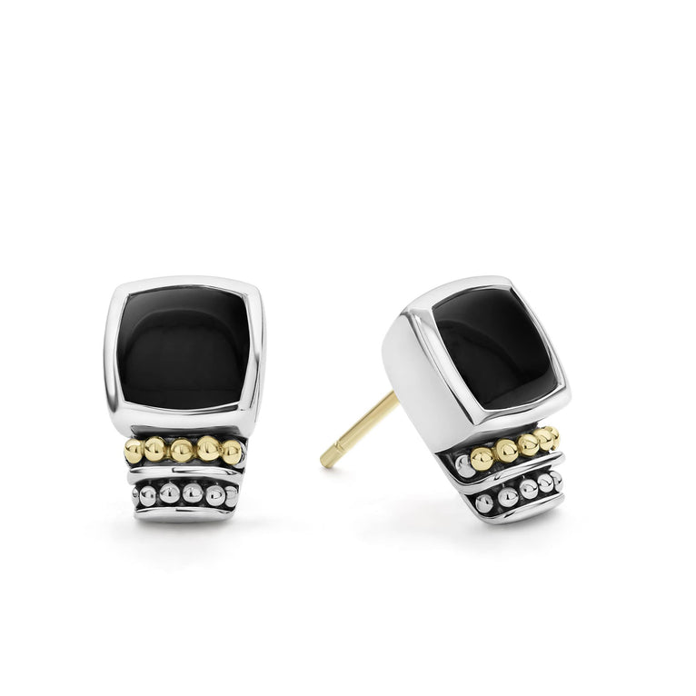 Onyx bezel-set gemstone stud earrings with 18K gold and sterling silver Caviar beaded accents.
