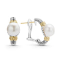 Luna Two-Tone Pearl Huggie Earrings feature cultured pearls with sterling silver caviar beading and 18K gold accents, embodying LAGOS's elegance and craftsmanship.