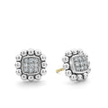 Pavé diamond square stud earrings framed by sterling silver Caviar beading. LAGOS diamonds are the highest quality natural stones.