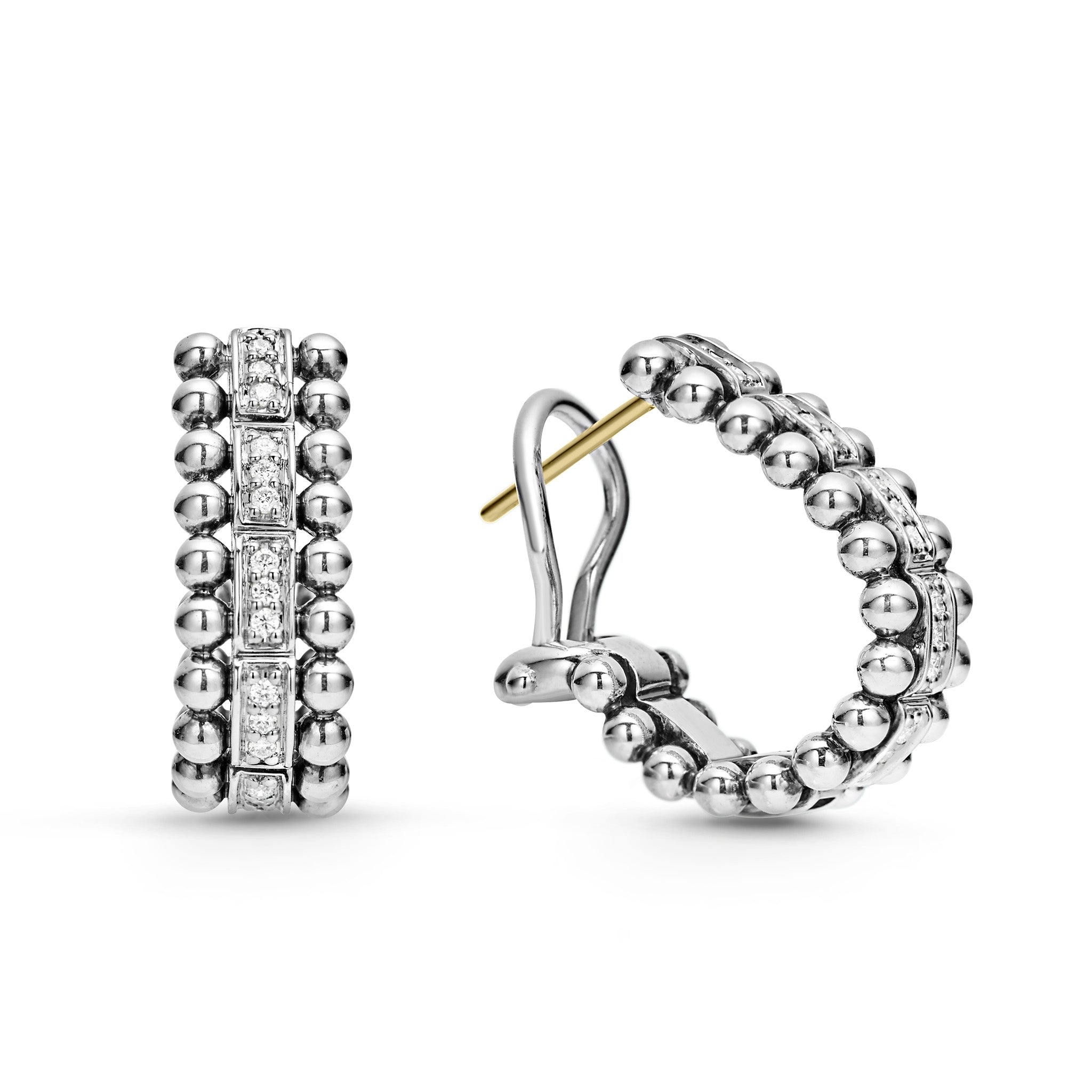 Diamond hoop earrings framed by sterling silver Caviar beading. LAGOS diamonds are the highest quality natural stones.