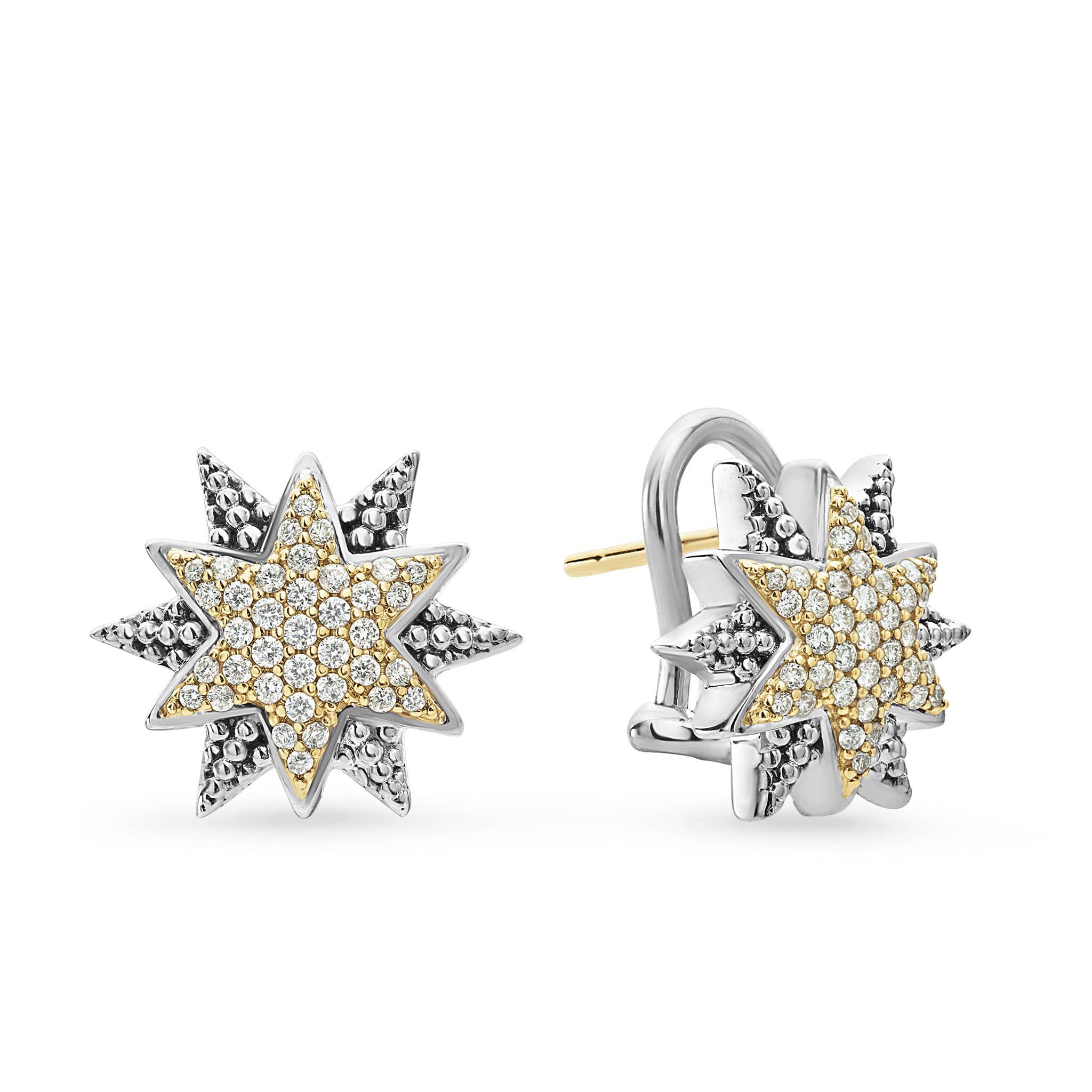 Diamonds, 18K gold, and sterling silver Caviar beading form these star motif earrings. LAGOS diamonds are the highest quality natural stones.
