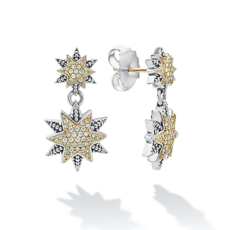 Diamonds, 18K gold, and sterling silver Caviar beading form these double star motif drop earrings. LAGOS diamonds are the highest quality natural stones.