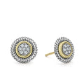 Diamond stud earrings detailed with 18K gold and surrounded by sterling silver Caviar beading. LAGOS diamonds are the highest quality natural stones.