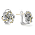 Love knot earrings formed of 18K gold and sterling silver Caviar beading.