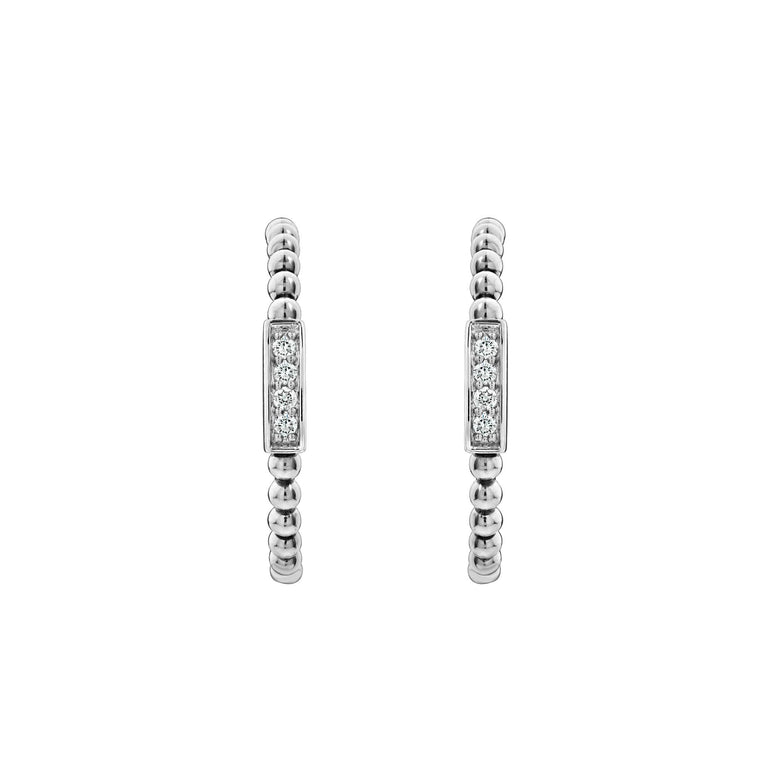 Caviar Spark Beaded Diamond Hoop Earrings with sterling silver caviar beading and faceted stones, offering a refined, modern silhouette with subtle sparkle and dimensional detail.